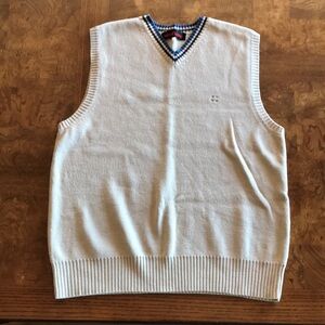 Vintage Mens V-Neck Beige & Blue Sweater Vest Pullover Size Large Cotton